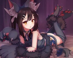  animal_ears animal_hands bare_shoulders bell black_hair black_panties black_thighhighs blush boots breasts brown_eyes cat_ears chawan_(yultutari) commentary fate/kaleid_liner_prisma_illya fate_(series) female fur_trim gloves hair_ornament hairclip highres jingle_bell legs_up long_hair looking_at_viewer lying miyu_edelfelt miyu_edelfelt_(beast_style) on_bed on_stomach open_mouth panties paw_gloves paw_shoes ponytail shoes sleeveless small_breasts solo tail thigh_boots thighhighs underwear 