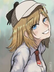  artist_name blonde_hair blue_eyes bob_cut close-up dated female hair_ornament hat highres hololive hololive_english looking_at_viewer necktie red_necktie reze_(rewindze) short_necktie smile solo virtual_youtuber watson_amelia watson_amelia_(1st_costume) 