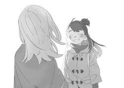  2girls ^_^ ahoge arms_at_sides backlighting bandaid bandaid_on_face bandaid_on_nose blush closed_eyes coat d.y.x. duffel_coat eyebrows facing_another facing_away floating_hair from_behind gloves greyscale grin hair_tie half_updo happy head_tilt kagari_atsuko little_witch_academia long_hair long_sleeves monochrome multiple_girls simple_background smile sucy_manbavaran swept_bangs turtleneck upper_body wind 