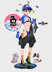  1boy animal baseball_cap black_hair blue_eyes blue_gloves blue_male_underwear blue_shirt briefs chip_ice closed_mouth cropped_shirt feline fish gloves hat highres holding holding_animal holding_fish lolicon male_child male_focus male_underwear navel orange_socks original shirt short_hair simple_background smile socks solo underwear 