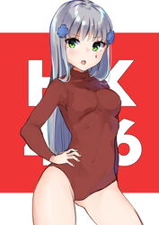  alternate_costume breasts cowboy_shot cross_hair_ornament facial_mark female girls&#039;_frontline green_eyes grey_hair hair_ornament hand_on_own_hip heattech_leotard highres hk416_(girls&#039;_frontline) kodama_(koda_mat) leotard long_hair open_mouth red_leotard red_sweater small_breasts solo sweater teardrop uniqlo 