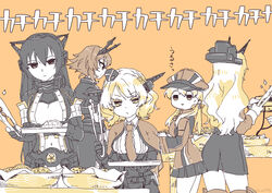  5girls :d anchor_hair_ornament bakery basket belt braid breasts capelet closed_mouth coat collar collared_shirt colorado_(kancolle) commentary corset cowboy_shot food french_braid frills garrison_cap gloves hair_between_eyes hair_ornament hair_over_shoulder hat headgear height_difference highres jitome kantai_collection long_hair long_sleeves low_twintails medium_hair midriff military military_hat military_uniform miniskirt motion_lines multiple_girls mutsu_(kancolle) nagato_(kancolle) nami_nami_(belphegor-5812) navel necktie nelson_(kancolle) open_mouth peaked_cap prinz_eugen_(kancolle) sakuramon shirt shop short_hair side_braids simple_background skirt smile table thighhighs tilted_headwear tongs translated tsurime twintails twitter_username uniform v-shaped_eyebrows wavy_hair 