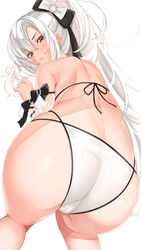  :o absurdres all_fours ass azur_lane bare_shoulders bikini blush bow brown_eyes butt_crack detached_sleeves drake_(azur_lane) drake_(the_golden_hind&#039;s_respite)_(azur_lane) female from_behind grey_hair hairbow highres long_hair looking_at_viewer looking_back nita_(tanita) official_alternate_costume ponytail see-through sidelocks solo string_bikini swimsuit thighs white_bikini yellow_eyes 