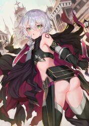  ass bandaged_arm bandages bare_shoulders black_gloves black_panties black_thighhighs blush breasts commentary_request fate/grand_order fate_(series) female from_behind gloves green_eyes grey_hair hair_between_eyes highres holding holding_knife jack_the_ripper_(fate/apocrypha) knife looking_at_viewer looking_back open_mouth panties rui_rubellent scar scar_across_eye scar_on_face short_hair small_breasts solo tattoo thighhighs underwear 