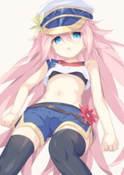  :o absurdres bare_shoulders belial_(megido72) black_thighhighs blue_eyes blue_shorts female flat_chest flower grey_background hair_between_eyes hat highres long_hair looking_at_viewer megido72 nasuuni pink_hair shorts simple_background sleeveless solo thighhighs very_long_hair white_hat 