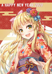  :d asa_no_ha_(pattern) bang_dream! blonde_hair blue_ribbon blush bow commentary_request earrings female floral_print flower flower_knot hair_flower hair_ornament hair_ribbon hairbow japanese_clothes jewelry kanzashi kikkoumon kimono leaf_print long_hair long_sleeves looking_at_viewer maple_leaf_print michelle_(bang_dream!) nengajou new_year obi open_mouth outline pink_bow purple_flower red_flower red_kimono ribbon sash smile solo striped striped_bow striped_ribbon tassel tomo_wakui tsurumaki_kokoro upper_body white_flower white_outline wide_sleeves yellow_eyes 