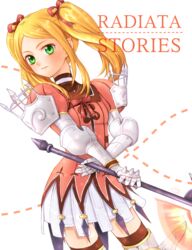  armor armored_dress bad_id bad_pixiv_id blonde_hair copyright_name cowboy_shot female gauntlets green_eyes hair_ribbon holding holding_weapon long_hair looking_at_viewer miniskirt nemuri_miyako orange_shirt puffy_sleeves radiata_stories red_ribbon ribbon ridley_timberlake shirt sidelocks simple_background skirt solo thighhighs twintails weapon white_background white_skirt zettai_ryouiki 