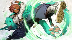  1other bell-bottoms blue_eyes boots breasts dark-skinned_female dark_skin english_commentary facial_mark female forehead_mark giovanna_(guilty_gear) green_fur guilty_gear guilty_gear_strive high-waist_pants highres higuchi_konomi kicking medium_breasts official_art pants partially_unbuttoned pink_hair police_badge rei_(guilty_gear) second-party_source short_hair solo_focus suspenders white_footwear wolf 