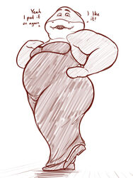  2022 3:4 anthro belly big_belly clothed clothing countershading crossdressing dialogue dreamworks dress fangs fish footwear full-length_portrait hand_on_hip hi_res lipstick looking_at_viewer makeup male marine moob_cleavage mr._shark_(the_bad_guys) overweight overweight_anthro overweight_male oystercatcher7 portrait pose shark shoes smile smiling_at_viewer solo standing teeth text the_bad_guys 