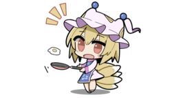  animal_hat blonde_hair chibi cooking dress egg_(food) female food fox_tail fried_egg frying_pan full_body hat long_sleeves looking_at_viewer mob_cap multiple_tails pink_hat red_eyes renge_(geso) short_hair simple_background solo standing tabard tail touhou white_background white_dress yakumo_ran 