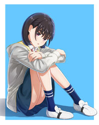  absurdres aoi_aioi black_hair blue_background blue_skirt blue_socks border cardigan collared_shirt female flower grey_cardigan hair_between_eyes highres hood hood_down hooded_cardigan miniskirt nonoa-cg open_cardigan open_clothes open_mouth outside_border red_eyes red_neckwear shirt short_hair sitting skirt socks solo sora_no_aosa_o_shiru_hito_yo white_border white_flower white_shirt wing_collar 