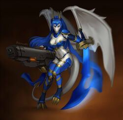  action_pose anthro armor behemoth89 breasts cleavage clothed clothing dragon electronics female full-length_portrait gun headgear headphones headset hi_res holster horn leggings legwear looking_aside melee_weapon motion_blur mythological_creature mythological_scalie mythology portrait pose ranged_weapon ribbons scalie shoulder_pads solo stella_whitewing sword weapon wings 