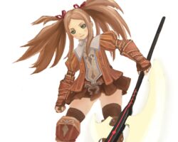  armor armored_dress brown_hair commentary_request female gauntlets green_eyes hair_ribbon holding holding_weapon juju_(poipoipui) long_hair looking_at_viewer orange_shirt radiata_stories ribbon ridley_timberlake shirt solo thighhighs twintails weapon white_background 