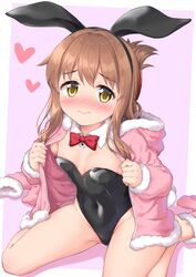  2023 animal_ears black_leotard bow bowtie breasts brown_eyes brown_hair chinese_zodiac detached_collar fake_animal_ears fake_tail female folded_ponytail happy_new_year heart highres inazuma_(kancolle) kantai_collection leotard new_year open_clothes open_hood playboy_bunny rabbit rabbit_ears rabbit_girl rabbit_tail small_breasts solo strapless strapless_leotard tail takoyaki_(takoyaki-batake) year_of_the_rabbit 