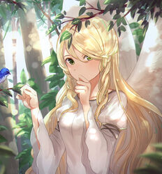  bird blonde_hair branch dress female fire_emblem fire_emblem:_path_of_radiance fire_emblem:_radiant_dawn green_eyes haru_(nakajou-28) highres leaf leanne_(fire_emblem) long_hair long_sleeves solo tree upper_body 