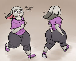  2021 anthro ass big_butt bottom_heavy bottomwear chubby_anthro chubby_female clothed clothing cord dialogue disney female fist footwear front_view jogging judy_hopps lagomorph leporid looking_up mammal multiple_images open_mouth oystercatcher7 pants rabbit rear_view running shirt shoes short_stack slightly_chubby solo sound_effects text thick_thighs topwear wide_eyed zootopia 