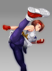  ass breasts brown_eyes brown_hair commentary female fingerless_gloves ghgnvm gloves headband high_kick highres kicking legs looking_at_viewer photoshop_(medium) ryuuko_no_ken shoes short_hair simple_background sneakers socks solo spandex the_king_of_fighters yuri_sakazaki 