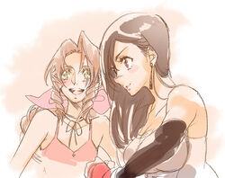  2girls aerith_gainsborough bare_arms bare_shoulders black_hair blush braid braided_ponytail breasts brown_hair choker cleavage dress earrings elbow_gloves final_fantasy final_fantasy_vii gloves green_eyes hair_behind_ear hair_between_eyes hair_over_shoulder hair_ribbon jewelry large_breasts long_hair looking_to_the_side medium_breasts multiple_girls open_mouth parted_bangs parted_lips pink_dress pink_ribbon red_eyes ribbon shirt sidelocks smile teeth tifa_lockhart torimeiro upper_body upper_teeth_only wavy_hair white_shirt 