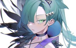  bad_id bad_twitter_id choker dress female green_eyes hair_ornament hair_over_one_eye hairclip head_tilt headwear_request high_collar highres jay_(shining_star) long_hair no_earrings ohisashiburi portrait purple_dress shining_star signature sleeveless solo 