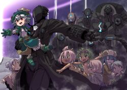  6+boys 6+girls animal_on_head bido_(made_in_abyss) bird bird_on_head blue_hair bondrewd carrying character_request coat eyewear_on_head folded_ponytail gloves goggles goggles_on_head green_eyes green_hair grey_hair hat helm helmet highres lolicon long_hair made_in_abyss mask meinya_(made_in_abyss) multicolored_hair multiple_boys multiple_girls on_head overcoat pink_hair prushka purple_hair red_eyes short_hair stuffed_toy suumama topless_male two-tone_hair uchuu_ika white_hair 