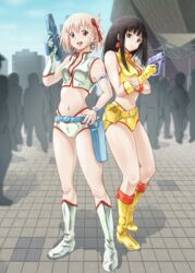  2girls absurdres all_(26981910) black_hair blonde_hair boots check_commentary comiket commentary_request cosplay crowd dirty_pair earrings gloves gun hair_ribbon hand_on_own_hip highres holding holding_gun holding_weapon inoue_takina jewelry kei_(dirty_pair) kei_(dirty_pair)_(cosplay) legs long_hair looking_at_viewer lycoris_recoil multiple_girls navel nishikigi_chisato open_mouth purple_eyes red_eyes red_ribbon ribbon short_hair single_glove tokyo_big_sight weapon white_footwear white_gloves yellow_footwear yellow_gloves yuri_(dirty_pair) yuri_(dirty_pair)_(cosplay) 