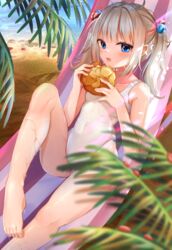  absurdres bare_legs bare_shoulders barefoot beach blue_eyes blurry blurry_foreground blush bread breasts collarbone commentary depth_of_field eating feet female food hair_ornament highres holding holding_food legs long_hair looking_at_viewer melon_bread minertime one-piece_swimsuit open_mouth original outdoors small_breasts solo swimsuit twintails water wet white_hair white_one-piece_swimsuit 