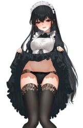  alternate_costume apron ass_visible_through_thighs black_eyes black_hair black_panties black_thighhighs blush breasts clothes_lift commentary_request dress dress_lift enmaided eyelashes female fingernails frilled_apron frills groin hair_between_eyes half-closed_eyes highres juliet_sleeves knees_together_feet_apart lace lace-trimmed_legwear lace-trimmed_panties lace_trim legs lifting_own_clothes lingerie long_dress long_hair long_legs long_sleeves looking_at_viewer maid maid_apron medium_breasts navel open_mouth original panties partial_commentary puffy_sleeves sidelocks simple_background solo standing stomach thighhighs uhhgaoh underwear very_long_hair waist_apron white_apron white_background 