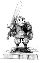  1boy armor armored_boots ballpoint_pen_(medium) boots facial_hair full_armor full_body ganz_rothchild gauntlets greyscale highres holding holding_sword holding_weapon kaburera knight male_focus monochrome moustache photoshop_(medium) radiata_stories shoulder_armor solo standing sword traditional_media weapon 