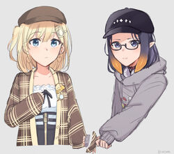  2girls baseball_cap black_hair black_headwear black_skirt blonde_hair blue_eyes brown_headwear clothes_grab cropped_torso earrings glasses grey_hoodie hair_ornament hat heart heart_earrings high-waist_skirt highres hololive hololive_english hood hoodie jewelry looking_at_viewer multiple_girls ninomae_ina&#039;nis official_alternate_costume orinte parted_lips short_sidetail side_ponytail skirt sleeve_grab tentacle_hair upper_body virtual_youtuber watson_amelia watson_amelia_(street_casual) yuri 