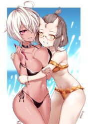  2girls bare_arms bare_shoulders bikini black_bikini breasts chinese_commentary collaboration commentary_request cowboy_shot forehead glasses grey_hair grin groin hair_over_one_eye hand_up highres holding horns koissa large_breasts looking_at_viewer multiple_girls navel off-shoulder_bikini off_shoulder oni original oshin0_(zheng) red_eyes sharp_teeth short_hair side-tie_bikini_bottom smile standing stomach swimsuit teeth thighs white_hair yellow_bikini yellow_eyes 