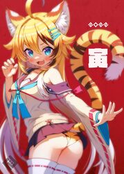  :d ahoge animal_ears animal_print ass black_skirt blonde_hair chinese_zodiac claws commentary_request female highres long_hair looking_at_viewer miniskirt new_year oerba_yun_fang open_mouth original panties print_panties red_background school_uniform skirt smile solo tail thighhighs tiger_ears tiger_print tiger_tail tsuji underwear white_thighhighs wide_sleeves year_of_the_tiger yellow_panties 