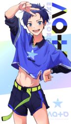  1boy belt black_shorts blue_eyes blush chip_ice crop_top cropped_shirt green_belt highres looking_at_viewer male_focus navel open_mouth original purple_hair purple_shirt shirt short_hair shorts simple_background smile solo toned toned_male v 