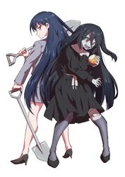  2girls bandages black_dress black_footwear black_hair blazer blue_hair dress dual_persona food grey_jacket grey_skirt high_heels highres holding holding_food holding_shovel jacket long_hair looking_back multiple_girls onion open_mouth pale_skin red_eyes shovel skirt somasoutaro teeth time_paradox upper_teeth_only white_background yamada_tae zombie zombie_land_saga zombie_land_saga_gaiden 