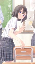  12_graka 1boy 2girls absurdres black_hair blue_eyes chair chalkboard classroom commentary desk highres looking_at_viewer multiple_girls original plaid plaid_skirt pleated_skirt school_chair school_desk school_uniform short_hair skirt smile solo_focus waving 