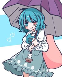  ahoge blush_stickers commentary eyebrows_hidden_by_hair female heart heterochromia holding holding_umbrella karakasa_obake looking_at_viewer oil-paper_umbrella purple_umbrella salt_(seasoning) shared_umbrella simple_background smile solo tatara_kogasa tongue touhou umbrella 