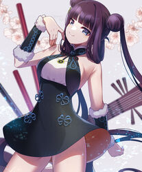  bare_shoulders black_dress blue_eyes blush breasts detached_sleeves double_bun dress fate/grand_order fate_(series) female flower flute hair_bun hair_ornament highres instrument large_breasts leaf_hair_ornament long_hair looking_at_viewer pipa_(instrument) purple_hair ryofuhiko sidelocks smile solo thighs twintails very_long_hair yang_guifei_(fate) yang_guifei_(first_ascension)_(fate) 