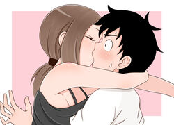  1boy absurdres aged_up bad_id bad_pixiv_id bare_shoulders black_camisole black_hair blush brown_hair camisole closed_eyes couple female highres hug ito_kashiwamochi karakai_jouzu_no_(moto)_takagi-san karakai_jouzu_no_takagi-san kissing nishikata short_hair short_ponytail simple_background straight surprise_kiss surprised sweat takagi-san 