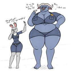  1:1 2020 anthro barefoot belly belt big_breasts bottomwear bovid bovine breasts cape_buffalo chief_bogo cleavage closed_eyes clothed clothing dialogue disney duo ears_up english_text eyewear feet female glasses hand_on_hip hi_res holding_eyewear holding_glasses holding_object horn huge_breasts judy_hopps lagomorph leporid looking_aside looking_away mammal mtf_crossgender overweight overweight_anthro overweight_female oystercatcher7 police police_badge police_officer police_uniform rabbit raised_arm raised_hand rule_63 shirt shorts slightly_chubby slightly_chubby_anthro slightly_chubby_female standing text thick_thighs topwear uniform wide_hipped_female wide_hips zootopia 