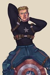  actor adaptabel arms_behind_head big_bulge bulge captain_america celebrity chris_evans clothed huge_bulge in_character looking_at_viewer male male_only marvel marvel_cinematic_universe muscles muscular muscular_male spread_legs steve_rogers 