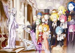  6+boys 6+girls animal_ears annerose_miload beatrice_(re:zero) black_headwear blonde_hair blue_eyes blue_hair bow cape chair character_request clind_(re:zero) colorized crossed_arms ddukae dress drill_hair elf emilia_(re:zero) flower formal frederica_baumann garfiel_tinsel green_eyes green_hair grey_hair hair_flower hair_ornament hair_over_one_eye hair_ribbon hairbow hands_up hat heterochromia highres indoors lewes_meyer long_hair maid monocle multiple_boys multiple_girls natsuki_subaru on_one_knee ootsuka_shin&#039;ichirou otto_suewen pale_skin pantyhose petra_leyte pink_hair pointy_ears purple_legwear ram_(re:zero) re:zero_kara_hajimeru_isekai_seikatsu red_ribbon rem_(re:zero) ribbon roswaal_l._mathers roswaal_mansion_maid_uniform ryuzu_meyer scar scar_across_eye scar_on_face short_hair sitting standing striped_clothes striped_pantyhose suit third-party_edit top_hat twin_drills white_cape 