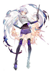  black_footwear black_thighhighs boots chinese_commentary commentary contender_(girls&#039;_frontline) covered_navel cross-laced_footwear female girls&#039;_frontline gloves gun hand_on_own_hip high_heel_boots high_heels highres kumatangent lace-up_boots navel photoshop_(medium) purple_eyes purple_hair purple_shorts short_hair shorts skin_tight smile solo tachi-e thigh_boots thighhighs weapon white_gloves white_hair 