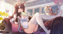  2022 animal_ears ass bare_shoulders bead_bracelet beads black_gloves bracelet breasts brown_hair china_dress chinese_clothes chinese_zodiac cleavage couch cropped dress expressionless feet female full_body glasses gloves gold_trim hair_bun hair_ornament hand_fan hand_up highres holding indoors jewelry knee_up large_breasts leg_up legs lino_chang long_hair looking_at_viewer no_shoes on_couch original panties pelvic_curtain reclining red_eyes red_panties rimless_eyewear round_eyewear side-tie_panties side-tie_peek single_hair_bun sleeveless sleeveless_dress soles solo string_panties tail tassel thighhighs thighs tiger tiger_cub tiger_ears tiger_girl tiger_tail toes tuanshan underwear white_dress white_thighhighs year_of_the_tiger 