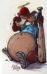  2010 anthro baseball_bat bat_(object) belly big_belly brown_body brown_fur claws clothing disney eating food footwear fur hat headgear headwear male mammal messy mustelid musteline nail navel nick_bondra overweight overweight_male phraggle propeller_hat sandwich_(food) shirt shoes signature sitting snaggle_tooth solo stupid_(character) teeth toon_patrol topwear traditional_media_(artwork) true_musteline weasel who_framed_roger_rabbit yellow_sclera yellow_teeth 