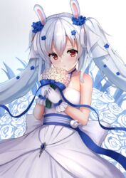  animal_ears azur_lane bare_shoulders blue_choker blue_ribbon bouquet choker commentary_request dress female flower gloves hair_between_eyes hair_flower hair_ornament holding holding_bouquet laffey_(azur_lane) laffey_(white_rabbit&#039;s_oath)_(azur_lane) long_hair looking_at_viewer manda_(manda9n) official_alternate_costume rabbit_ears red_eyes ribbon solo twintails wedding_dress white_dress white_gloves white_hair 