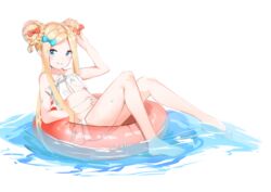  abigail_williams_(fate) abigail_williams_(swimsuit_foreigner)_(fate) abigail_williams_(swimsuit_foreigner)_(third_ascension)_(fate) absurdres arm_up bare_arms bare_legs bare_shoulders barefoot bikini blonde_hair blue_bow blue_eyes blush bow braid braided_bun closed_mouth collarbone commentary double_bun fate/grand_order fate_(series) female flat_chest full_body hair_bun hairbow highres innertube knees_up long_hair parted_bangs red_bow sidelocks simple_background smile solo swim_ring swimsuit transparent very_long_hair water white_background white_bikini yukaa 