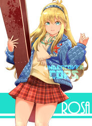  antenna_hair blonde_hair blue_eyes blue_jacket character_name commentary_request copyright_name cowboy_shot earrings female hairband hayadai highres holding improvised_weapon jacket jewelry long_hair looking_at_viewer multicolored_clothes multicolored_scarf plaid plaid_skirt polka_dot red_skirt rosa_felmonde scarf shirt sidelocks simple_background skirt smile solo standing striped_clothes striped_scarf undercover_cops white_background yellow_shirt 