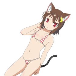  animal_ear_fluff animal_ears bikini brown_hair cat_ears cat_girl cat_tail commentary_request contrapposto crescent crescent_hair_ornament dutch_angle female flat_chest frown hair_ornament highres micro_bikini mikazuki_neko mikazuki_neko_(character) navel original red_eyes solo striped_bikini striped_clothes swimsuit tail virtual_youtuber 