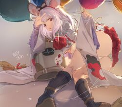  absurdres animal_ears ass balloon bird black_legwear chick female granblue_fantasy hair_between_eyes happy_new_year highres joy_(granblue_fantasy) long_sleeves midriff mouse_ears new_year panties red_eyes red_skirt short_hair skirt solo tsuiru underwear vikala_(granblue_fantasy) white_hair 