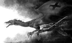  absurd_res aircraft airplane book dragon duo fantasy feral fiction germany hi_res historyinillustrations luftwaffe membrane_(anatomy) membranous_wings messerschmitt monika_arnott monochrome mythological_creature mythological_scalie mythology quadruped scalie tail vehicle wings world_war_2 