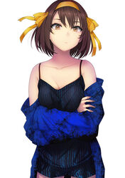  breasts brown_eyes brown_hair cleavage closed_mouth collarbone crossed_arms female hair_ribbon hairband highres looking_at_viewer medium_breasts puyo_(puyotopia) ribbon short_hair simple_background solo suzumiya_haruhi suzumiya_haruhi_no_yuuutsu white_background yellow_hairband yellow_ribbon 